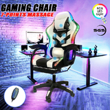 Delux RGB LED Lights Gaming Chair Office Computer Racing Massage Lumbar Retractable Footrest White