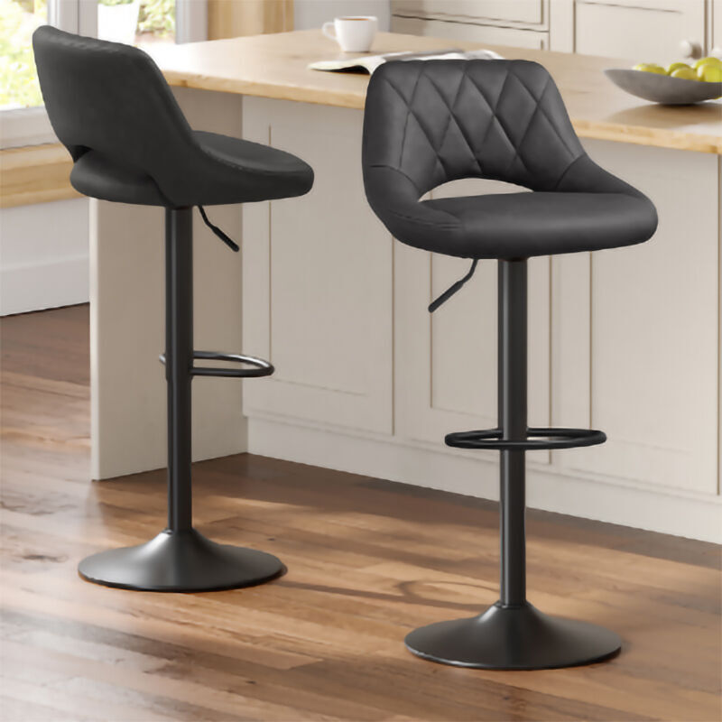 2 X Ergoliving Bar Stools Black Leather Stool Swivel Gas Lift Kitchen Chair - Picture 9 of 51