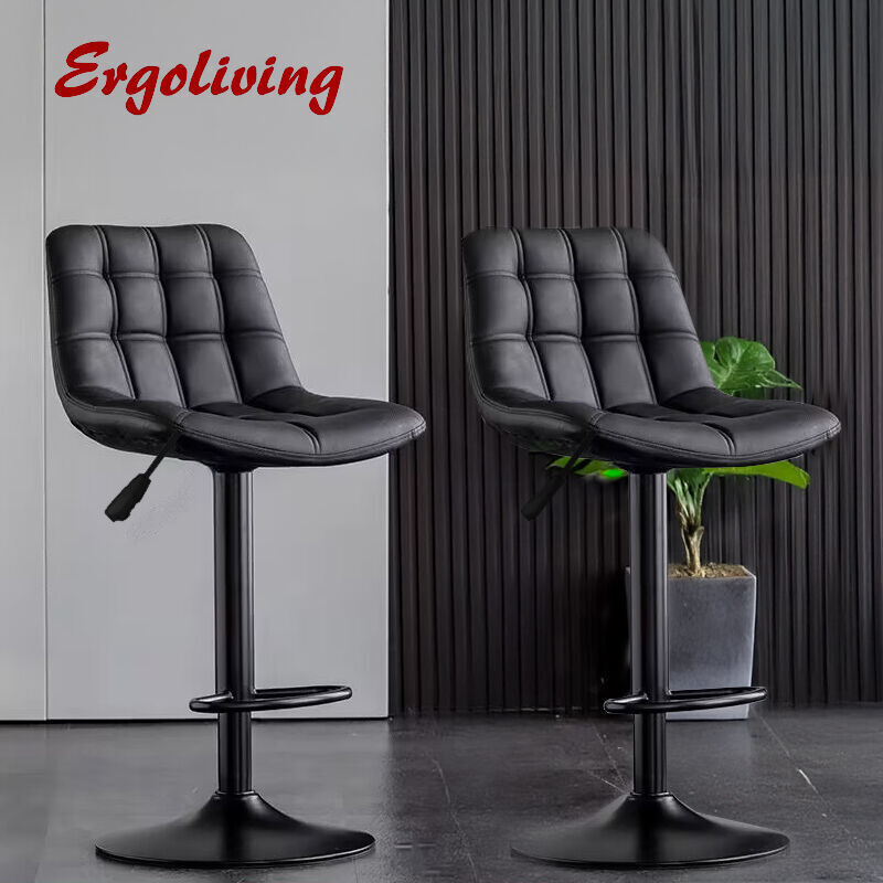 2 X Ergoliving Bar Stools Black Leather Stool Swivel Gas Lift Kitchen Chair - Picture 18 of 51