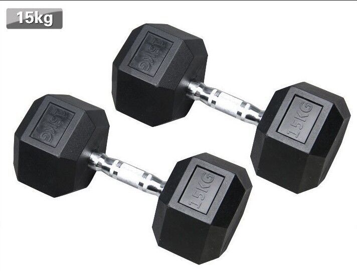 2 x 15KG Rubber Hex Dumbbells Fitness Home Gym Strength Weight Training