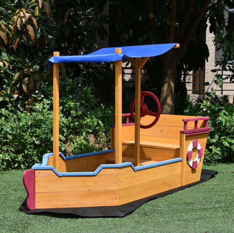 Pirate Boat Sandbox Kids Sandpit Wooden Outdoor Sand Pit With Canopy