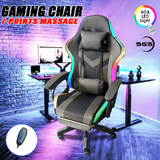 Delux RGB LED Lights Gaming Chair Office Computer Racing Massage Lumbar Retractable Footrest Grey