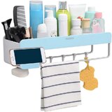 Bathroom Kitchen Storage Organizer Shelf Rack With 5 Towel Hooks Blue