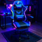 Ergoliving Delux RGB LED Lights Gaming Chair Office Computer Racing Massage Lumbar Retractable Footrest Blue