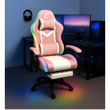 Ergoliving Delux RGB LED Lights Gaming Chair Office Computer Racing Massage Lumbar Retractable Footrest Pink